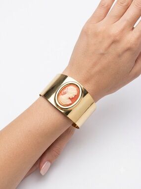 Gold Cuff Bracelet with Coral Cameo Accent
